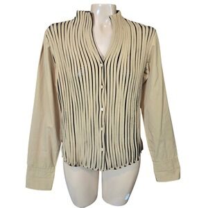 Obstinee Women Black Gold Striped Pleated Mandarin Collar Button Up Shirt Sz 10